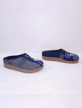 New! HAFLINGER Grizzly Magic Clog Navy Blue Gray Wool Embroidered Swirl EU 38